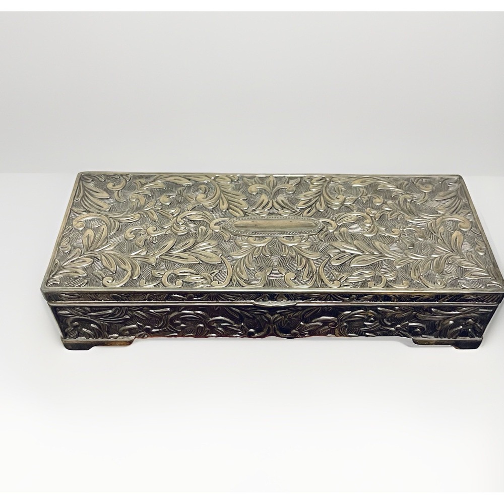 Vintage 1992 Silver Godinger Heavy 9" Jewelry Box with Floral / Vine High Relief